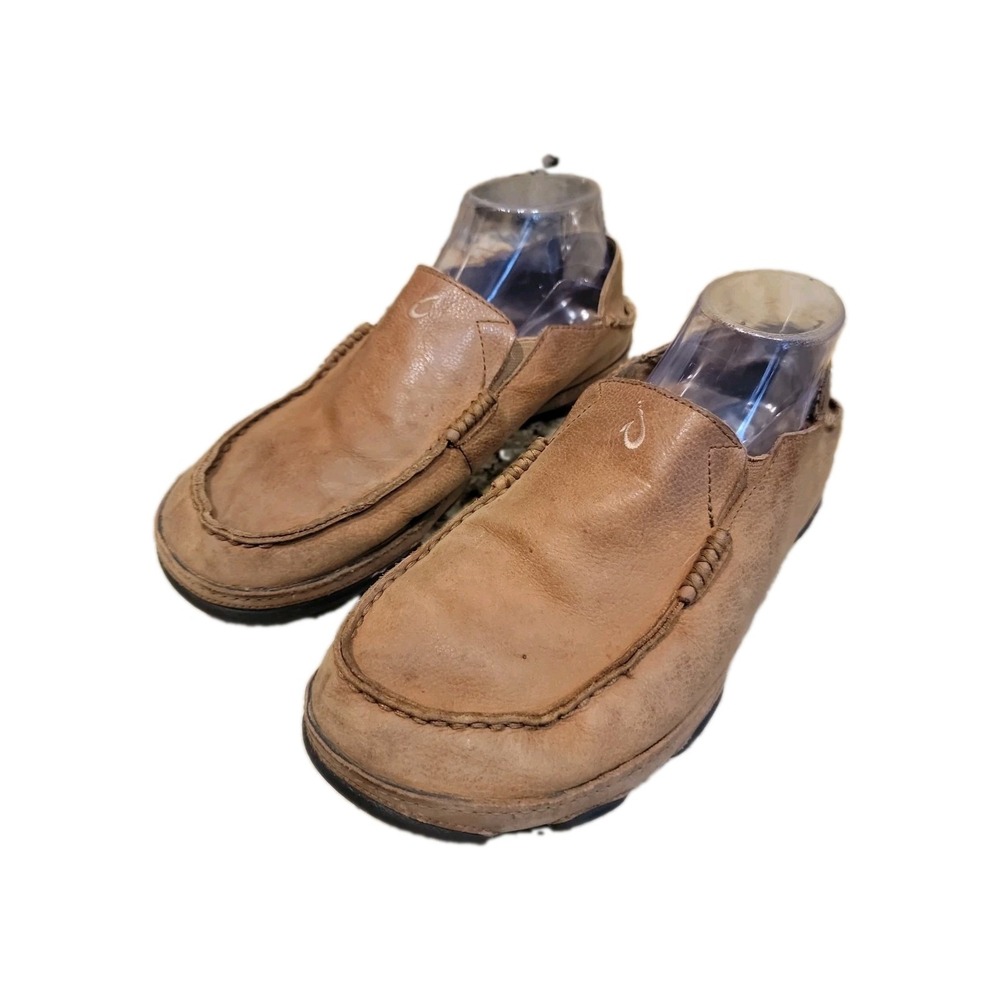 OluKai Mens 8.5 Moloa Slip On Loafer Shoes Brown Leather Coastal Beach Comfort